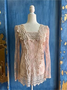 Delicate Lace Pink Long-Sleeve Blouse